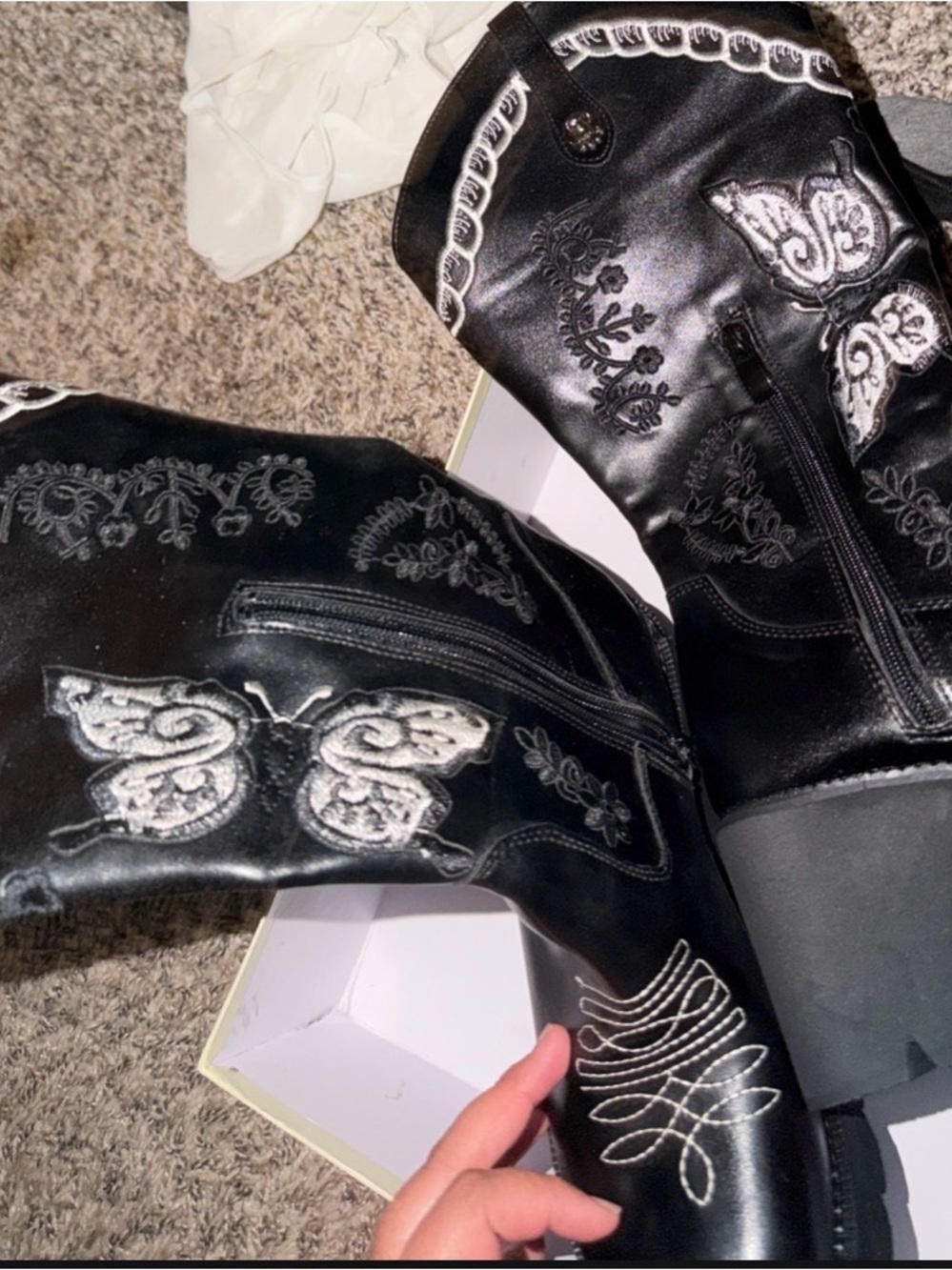 Black Platform Ankle Boots with Embroidered Detail - Women size 8 but small